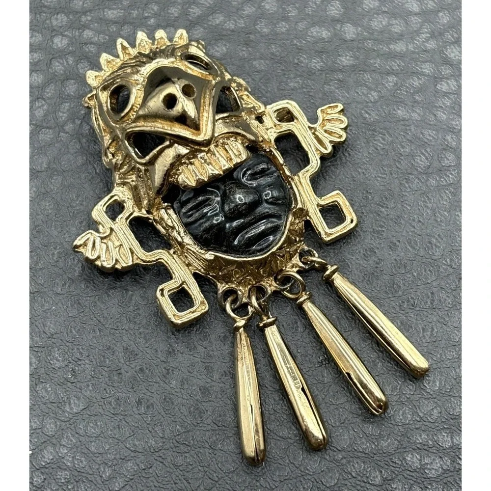 Vintage Salvador Teran Mexico Marbel Pendant Brooch Pin Mayan Mask Face Dangle